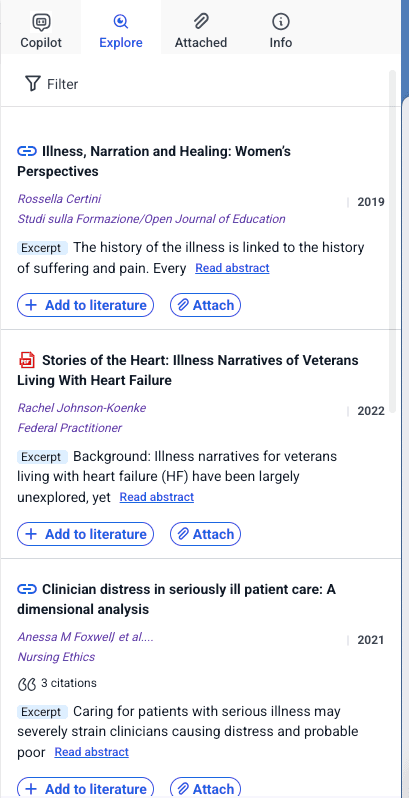 enago Read explore tab showing related articles on illness narratives and contested suffering