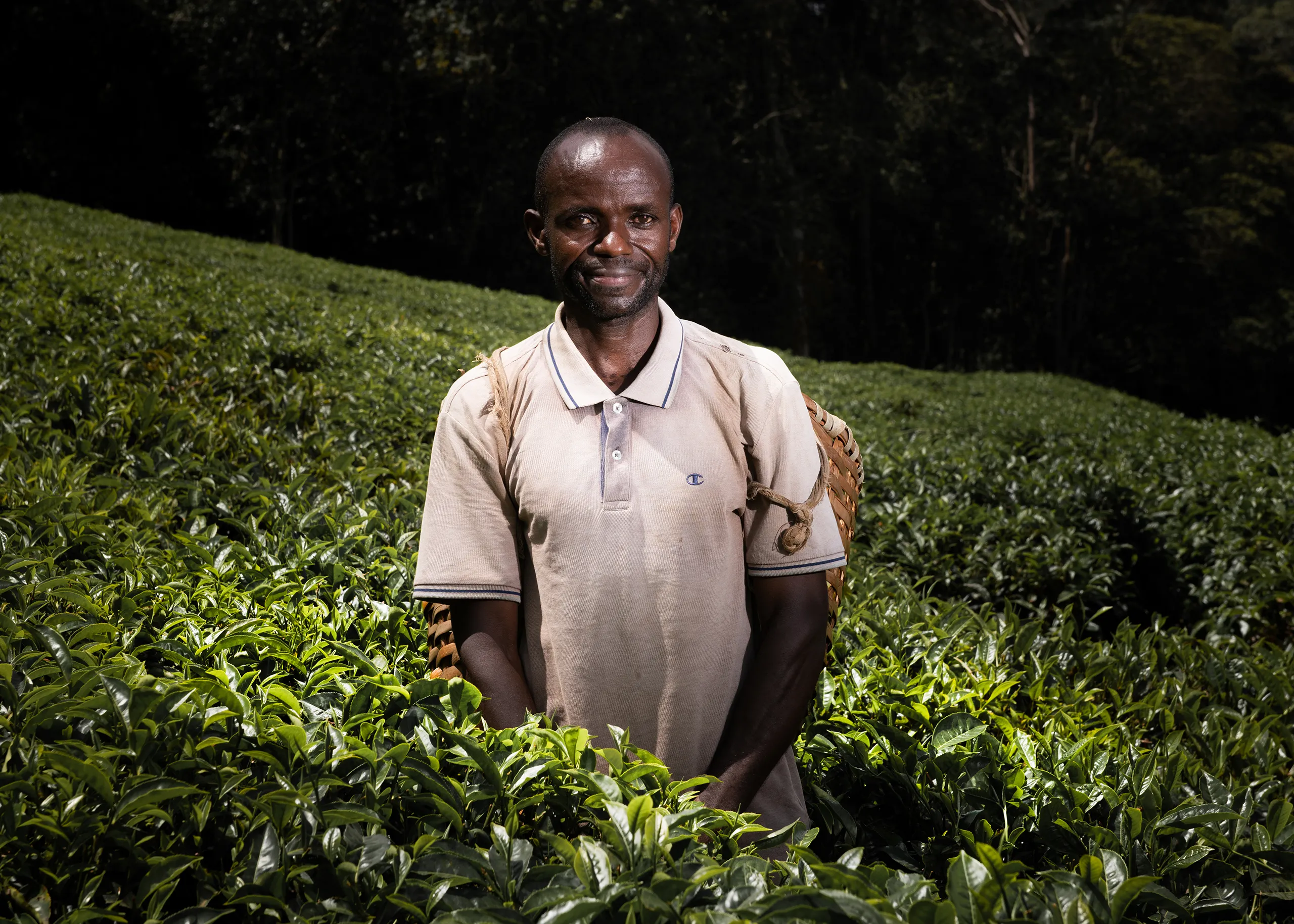 Close up portrait of a male Kenyan coffee farmer wearing a backpack style collection basket.