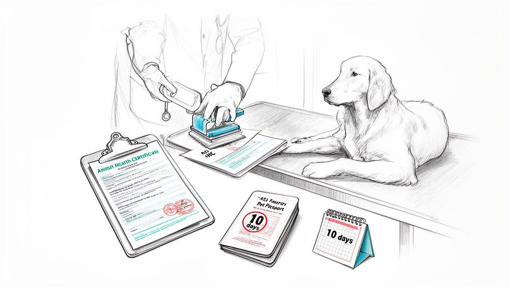 A vet stamps animal health certificates and a pet passport for a golden retriever dog.