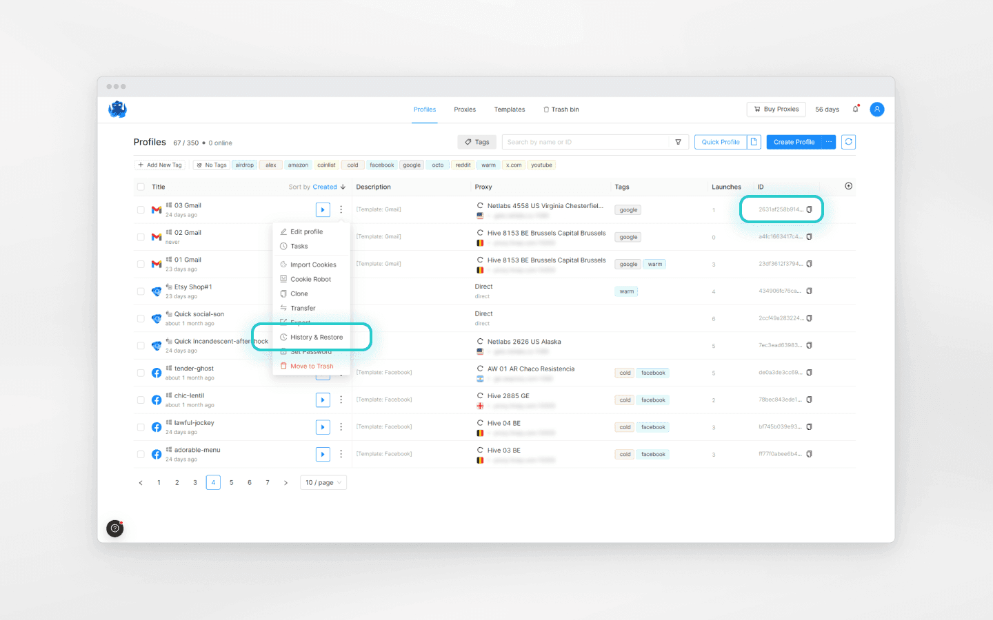 Find the profile UUID under “History and Restore,” in the profile table, or using the GET Get Profiles request.