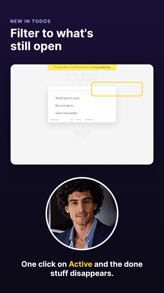 A 9:16 AI avatar clip frame: a product screen on top, the avatar below and a caption at the bottom