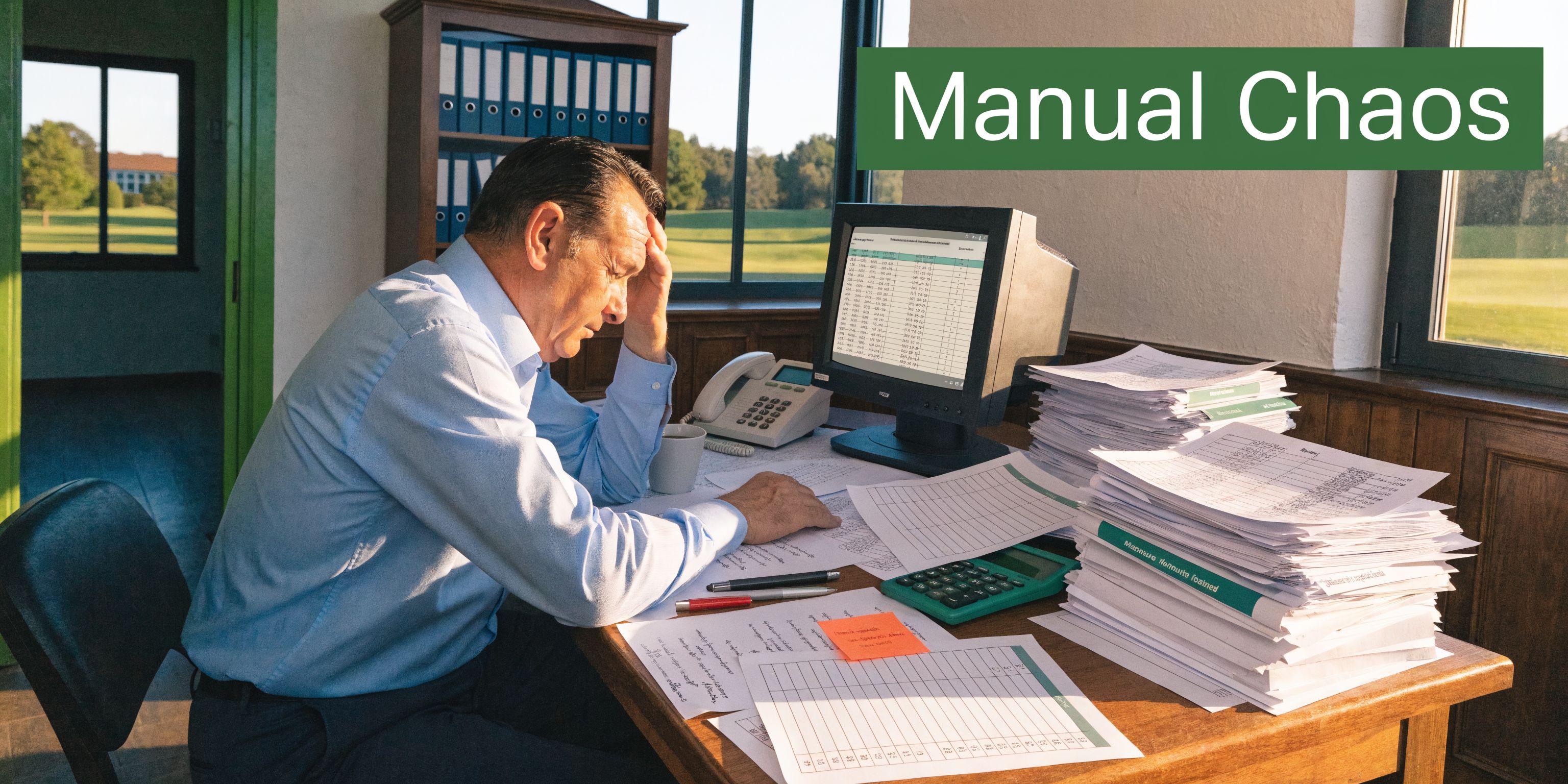 A stressed man sitting at an office desk overwhelmed by stacks of paperwork and a computer monitor.
