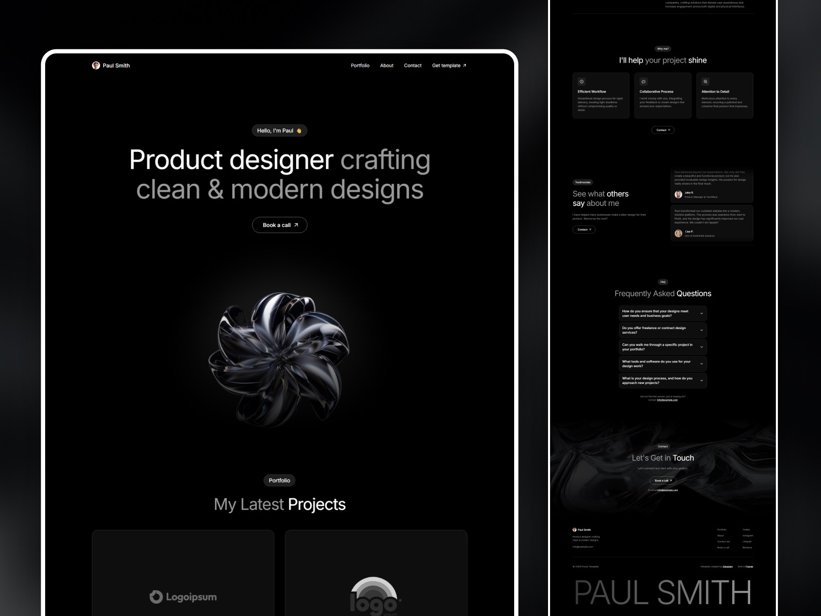 Proxio portfolio template multi-page overview with projects, FAQ, and contact sections
