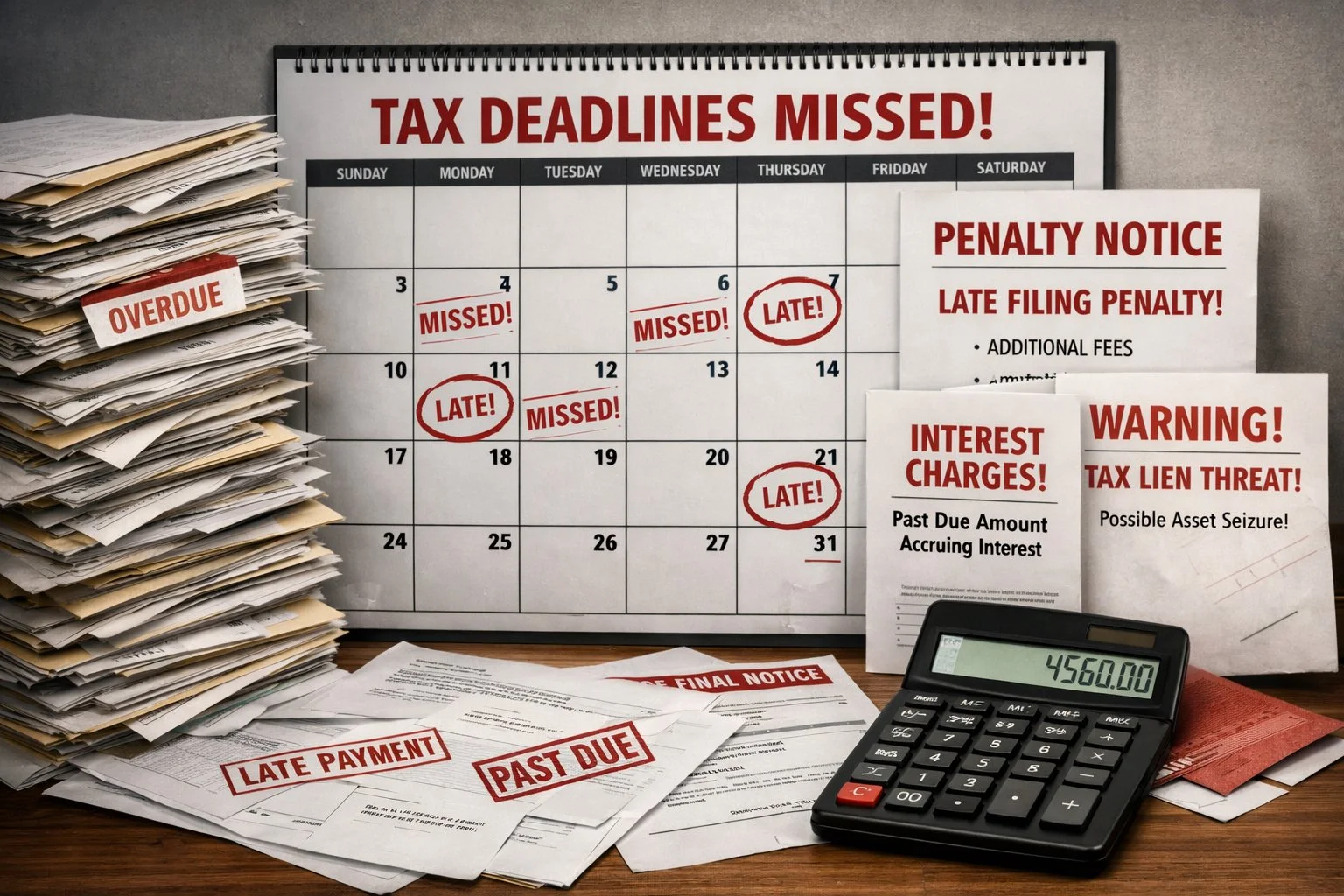 Calendar displaying missed tax deadlines, with overdue paperwork, a calculator, and penalty notices showing the consequences of late filings.