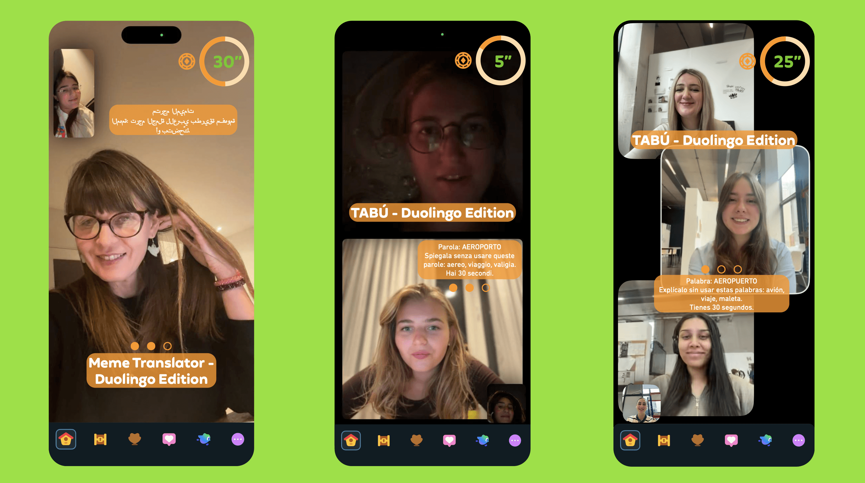 LingoLink mobile interface concepts featuring timed language games, meme translation challenges and a Duolingo-style version of Taboo.