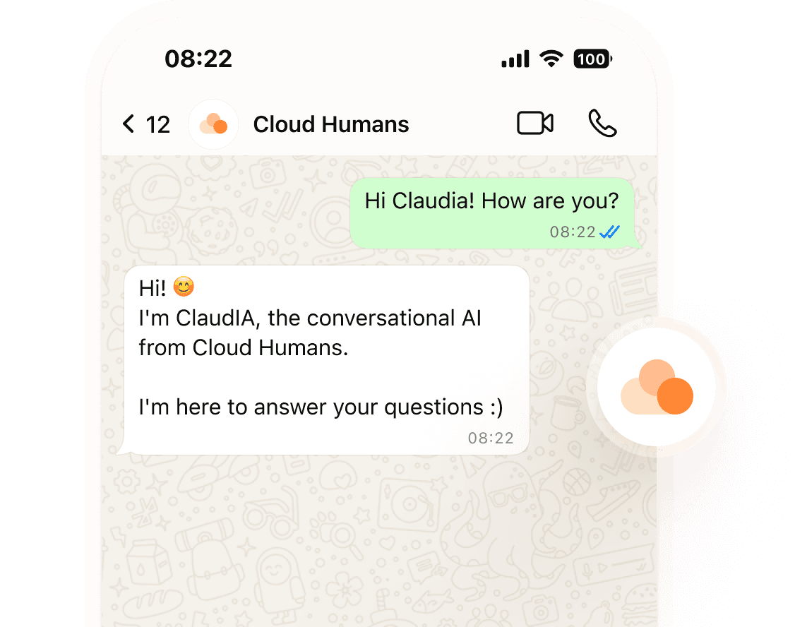 WhatsApp with ClaudIA, the AI from Cloud Humans that helps with interaction on WhatsApp without the need for human assistance.