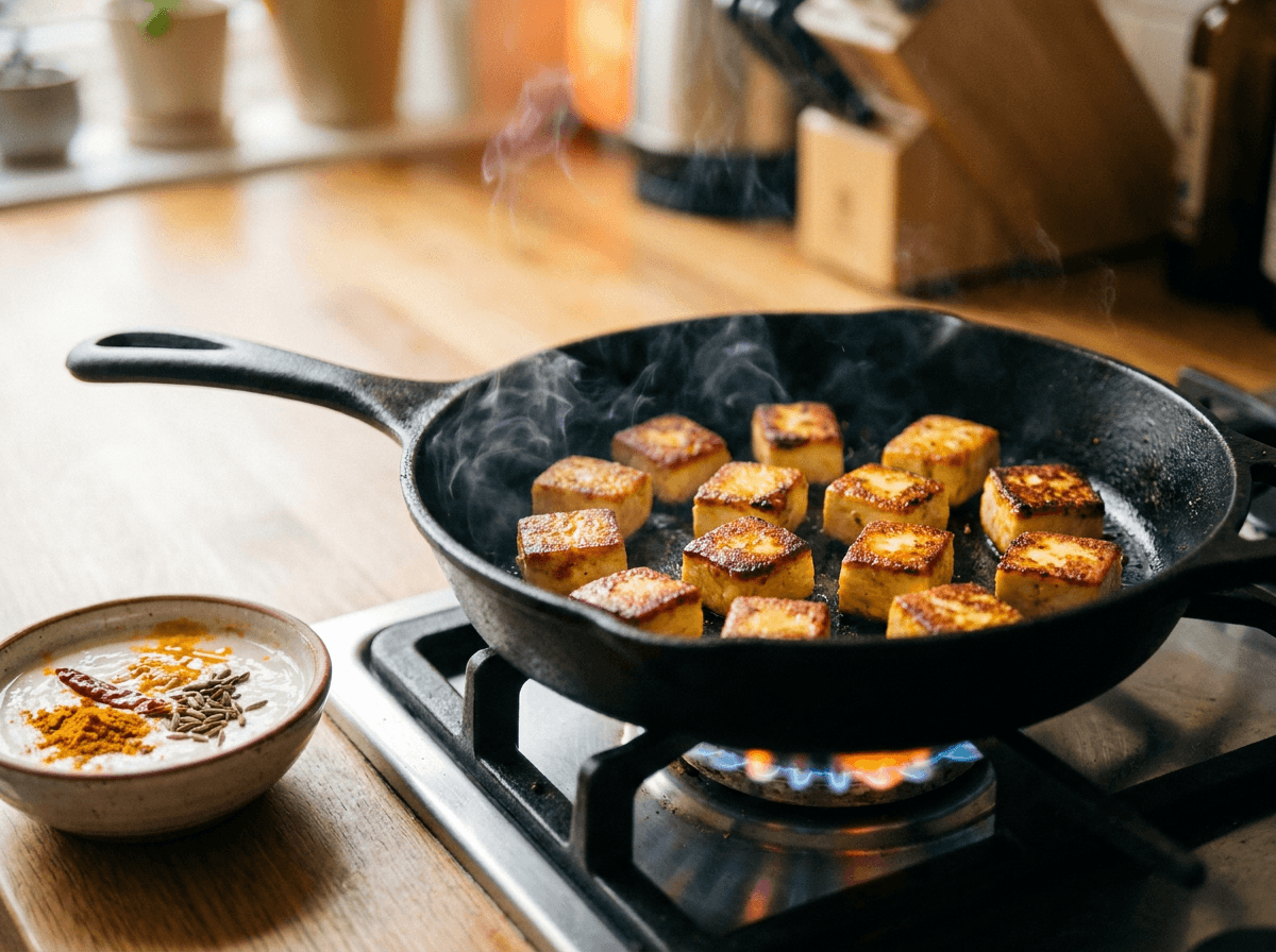 Paneer cubes searing golden in cast iron skillet plant based protein