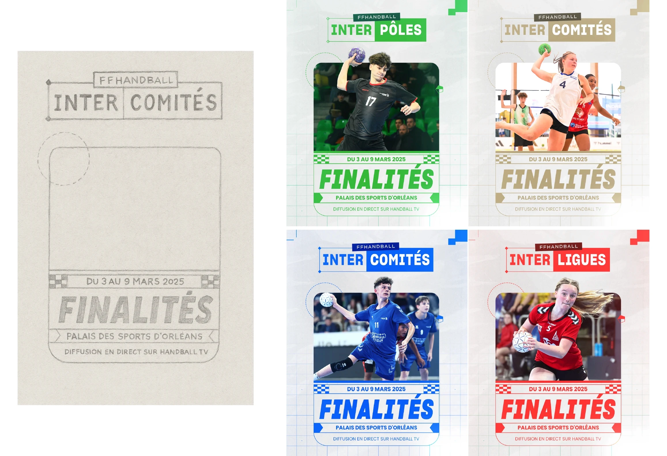 Key visual des compétitions détection FFHandball avec le premier croquis de construction du visuel