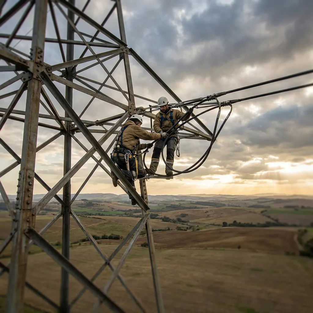 AI photography electricians working high on electricity transmission tower, wide landscape view, dramatic sky, cinematic industrial imagery