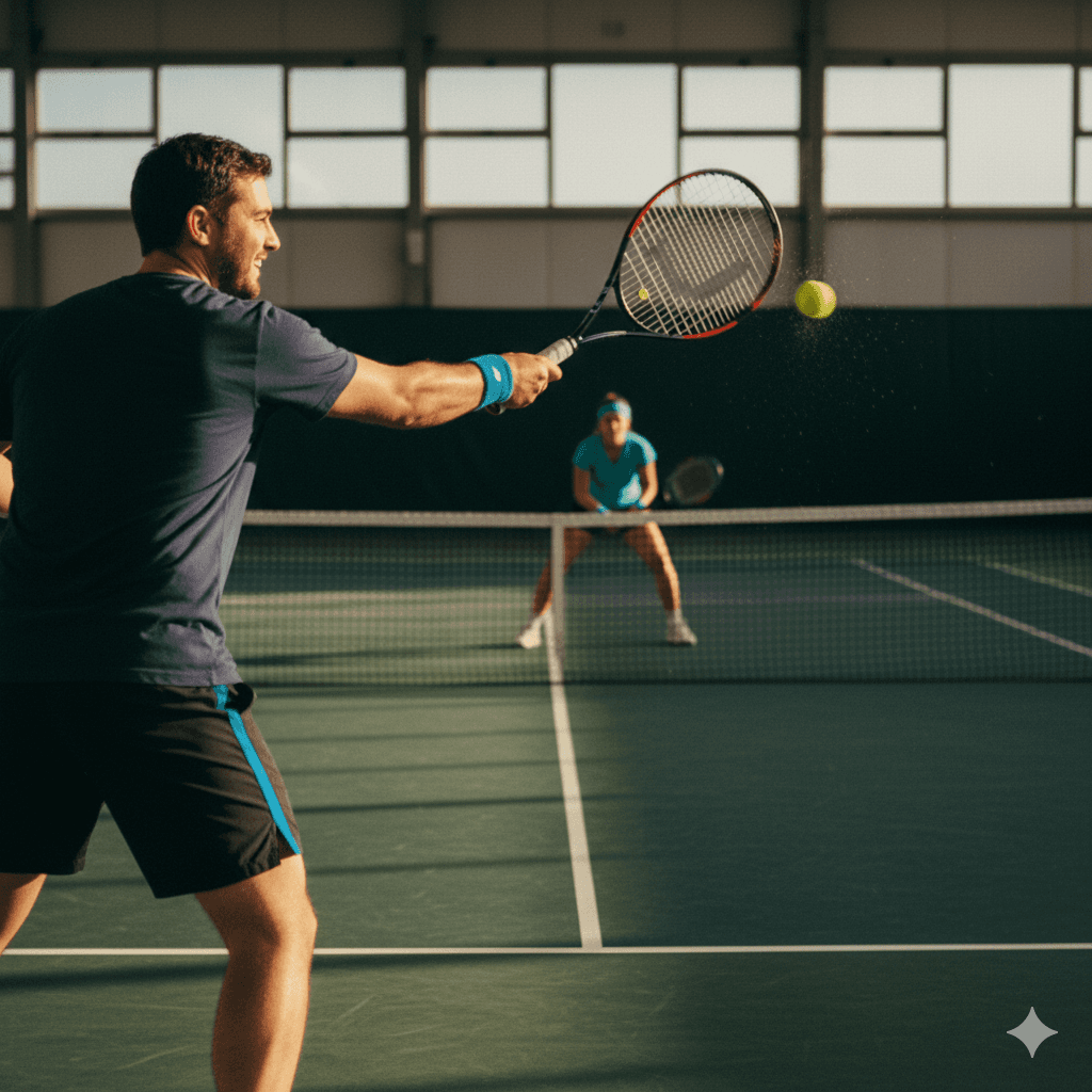 Joueur de tennis frappant une balle en coup droit sur un court intérieur.