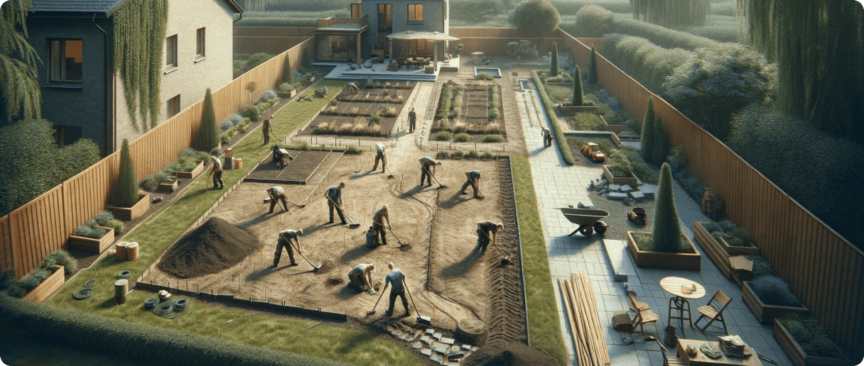 aerial view with people working on a garden, planting flowers and vegetables across an outdoor area with concrete paver patio