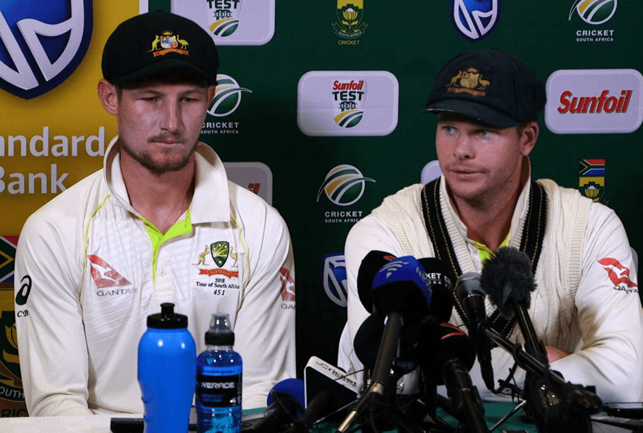 Cameron Bancroft and Steve Smith answering media 