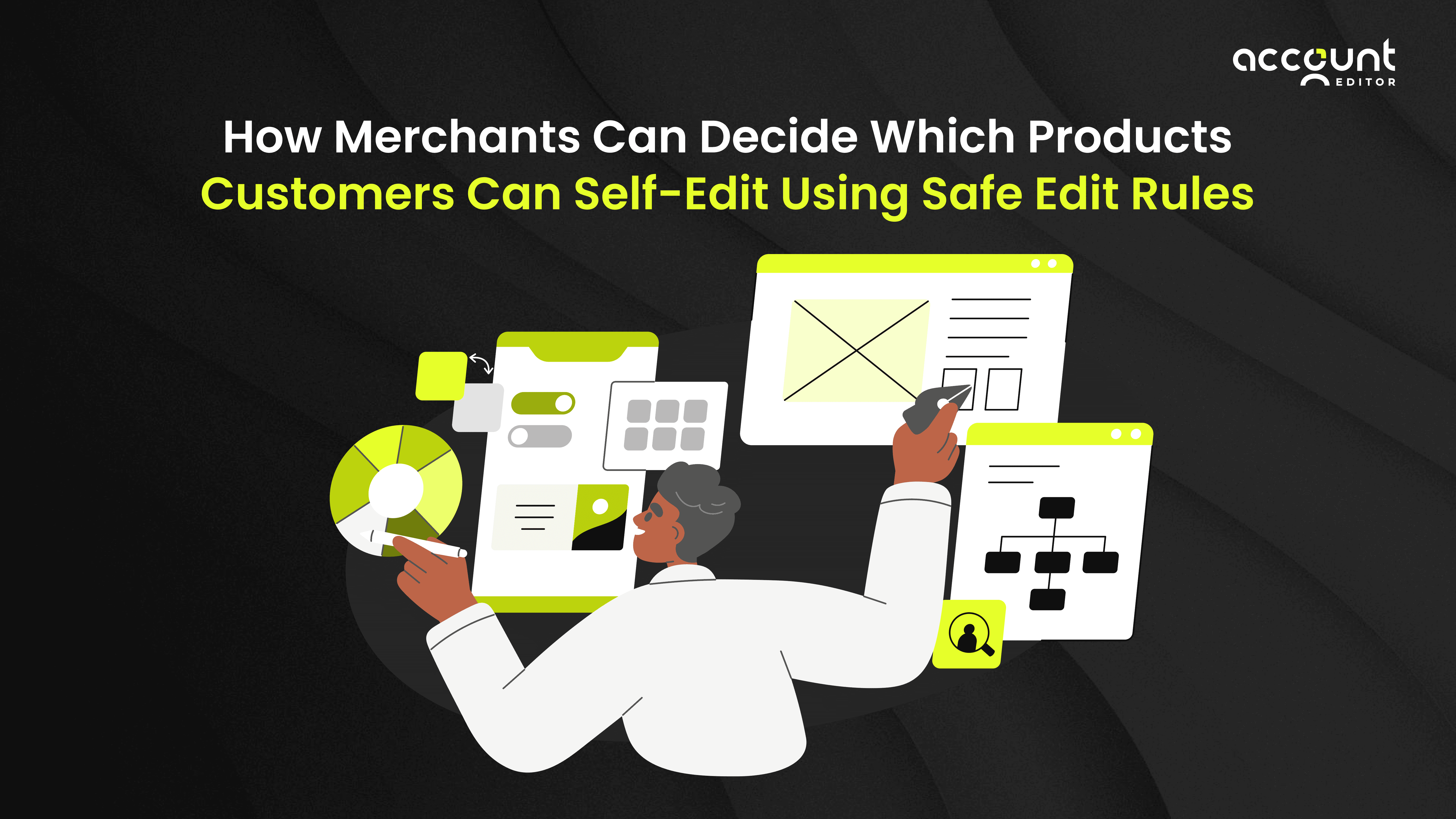 Illustration showing Merchants managing safe edit rules that control which products customers can self-edit after placing an order on Shopify