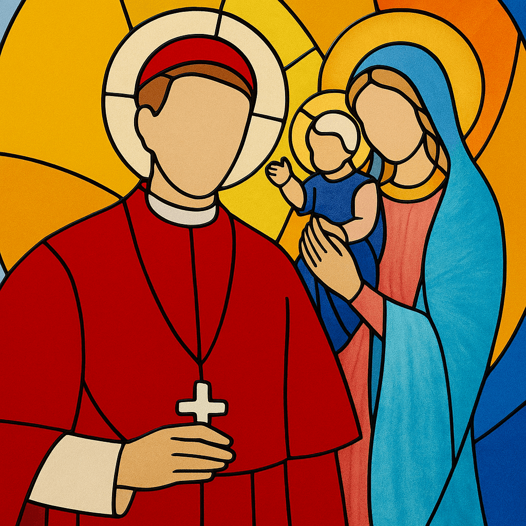 Stained glass–inspired artwork depicting St. Antonio Maria Gianelli, Bishop of Bobbio and founder of the Daughters of Our Lady of the Garden (1829), shown in red clerical robes holding a white cross. Beside him, the Virgin Mary in blue and pink garments cradles the infant Jesus, symbolizing divine love and maternal grace. Set against a radiant yellow and orange backdrop, this religious art reflects the congregation’s charism of Vigilant Evangelical Charity and its deep Marian devotion.