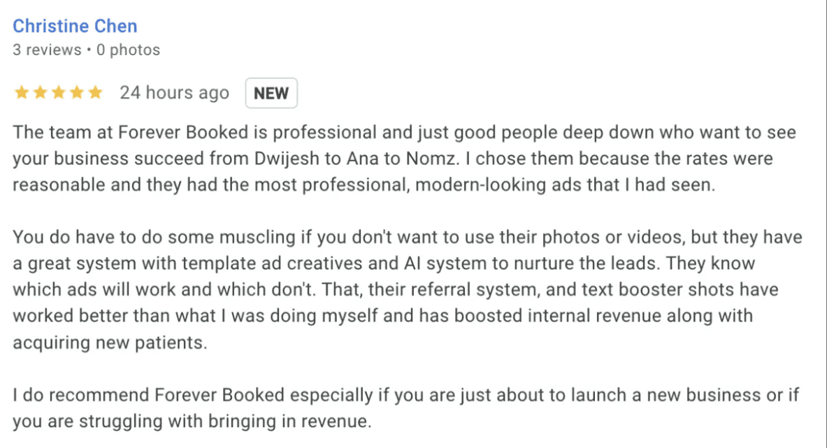 Forever Booked results highlighted in 5-star Google review from Little Laser Clinic praising AI system, referral tools, and ad templates