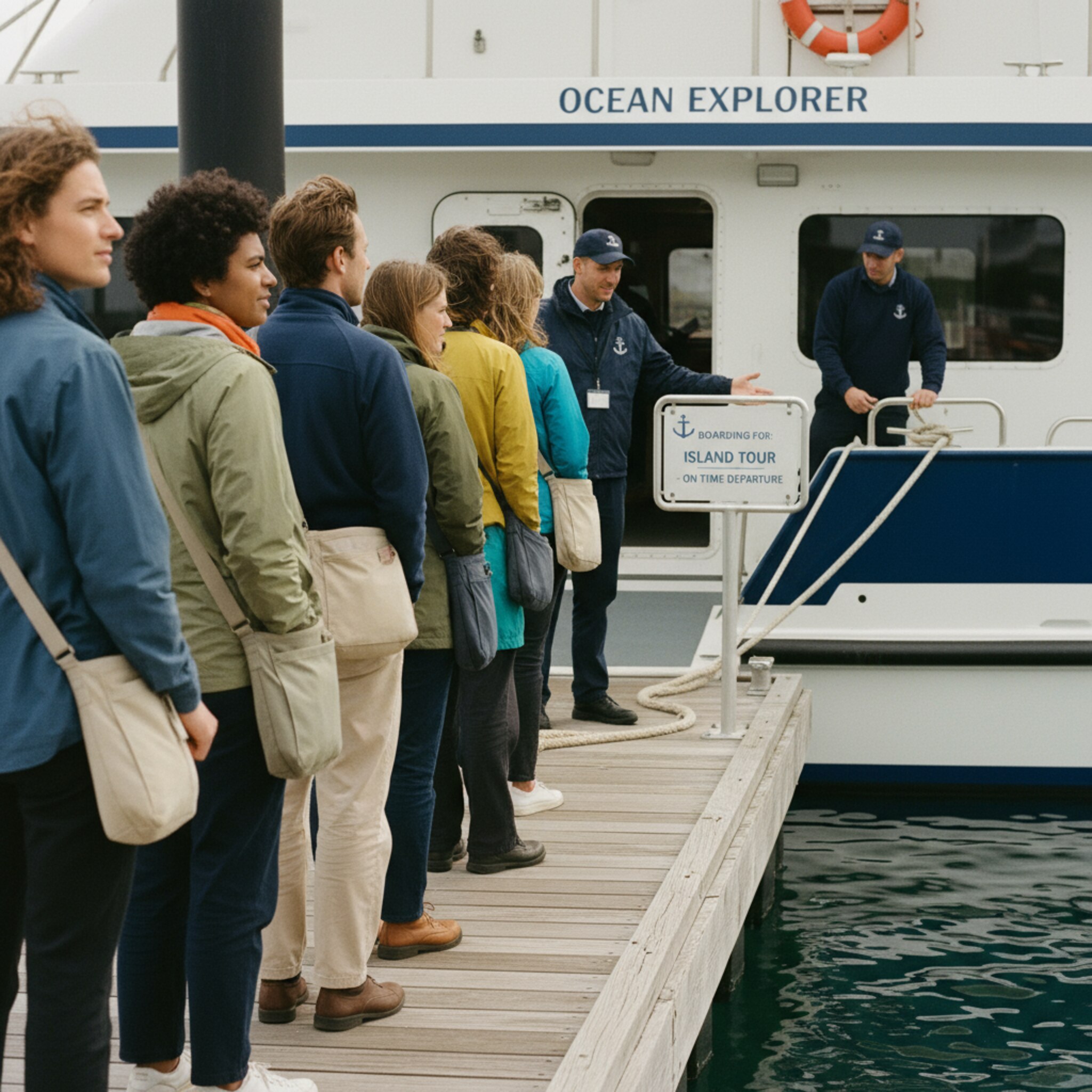 Gäste stehen in einer kurzen, geordneten Reihe am Einstieg. Ein Crewmitglied weist mit einer ruhigen Geste den Weg. Im Hintergrund löst sich die Leine vom Poller. Die Stimmung ist fokussiert und freundlich, bereit für eine pünktliche Abfahrt.