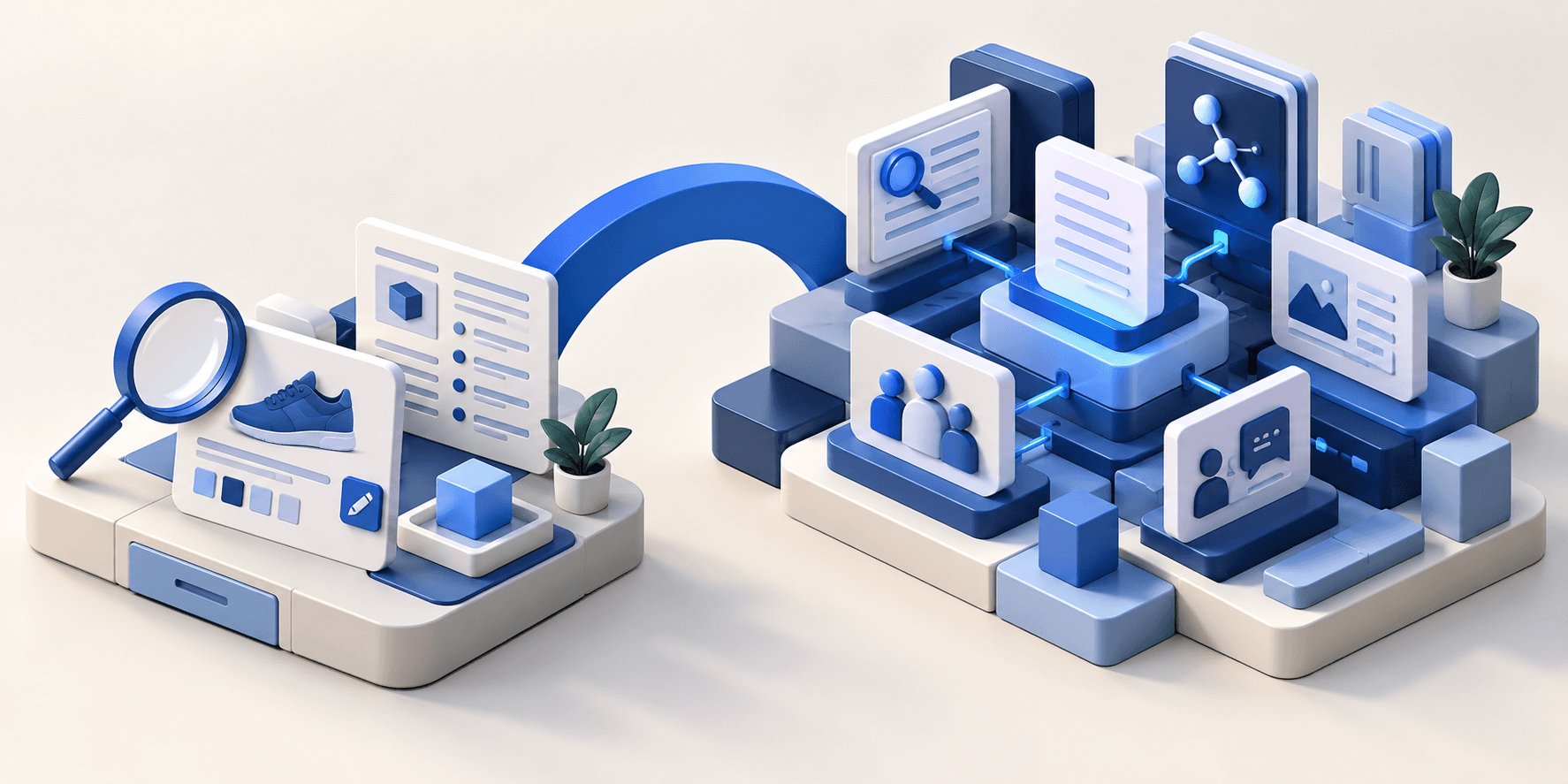 A focused product improvement workbench connected to a modular enterprise research and content hub.