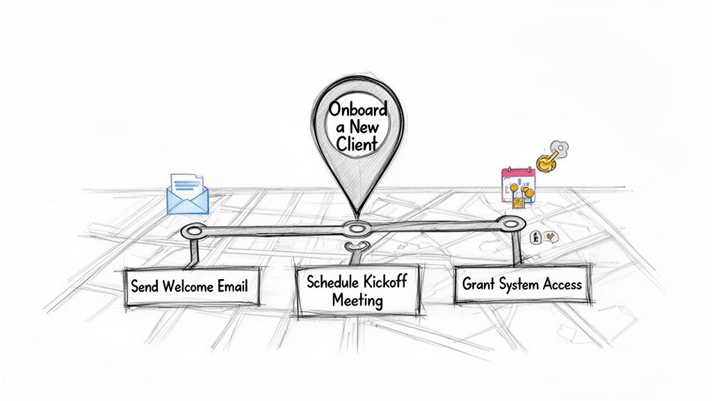 A hand-drawn map illustrating a client onboarding process with steps: send welcome email, schedule meeting, and grant access.