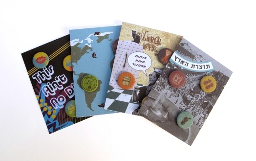 buttons covered with colored fabrics and illustrations