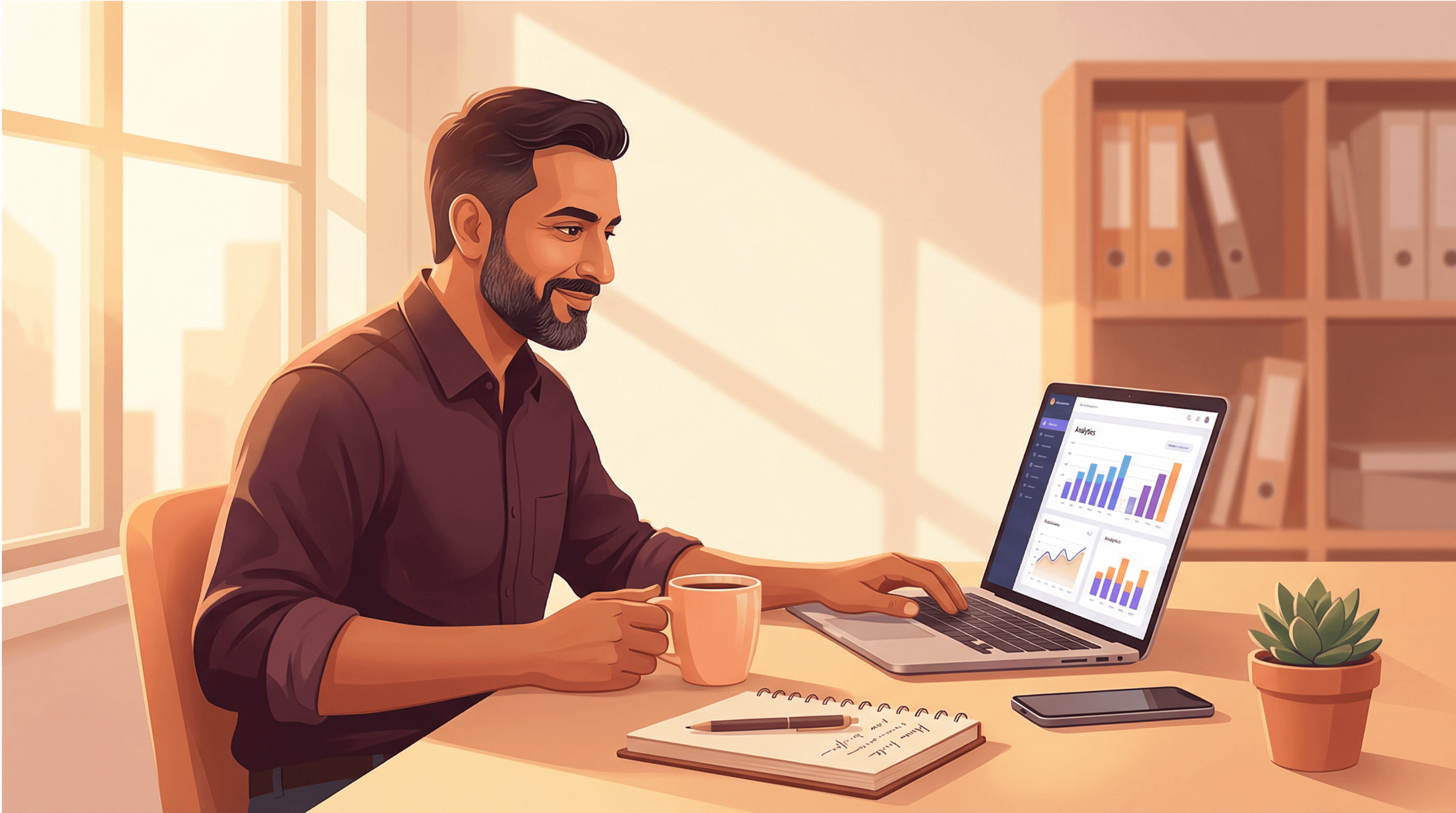 Marketing analytics tools for small businesses: Business owner uses analytics dashboard on laptop to measure marketing performance and make data-driven decisions. Bright workspace with morning light symbolizes clarity through marketing data.