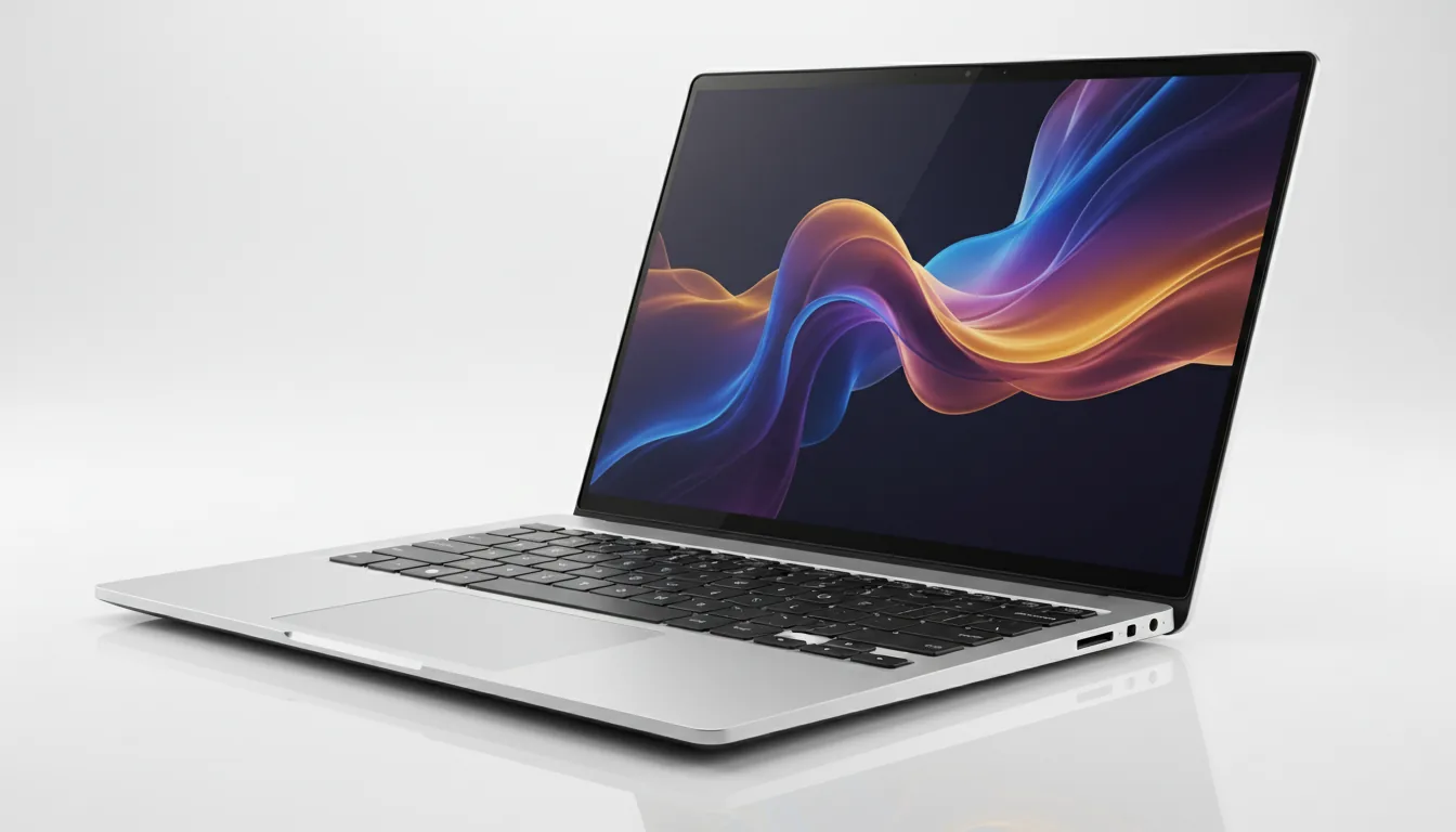 DSLR product photography of a premium, modern ultrabook laptop, resembling a Dell XPS, positioned at a three-quarter angle on a pure white reflective surface. Soft studio lighting highlights the sleek silver aluminum chassis, polished chamfered edges, and a distinctive black carbon fiber weave texture on the keyboard deck. The screen features an edge-to-edge infinity display, showing a vibrant, abstract wallpaper with flowing, layered ribbons of purple, blue, and warm gold. The entire laptop is in sharp focus with a subtle reflection visible on the white surface below.