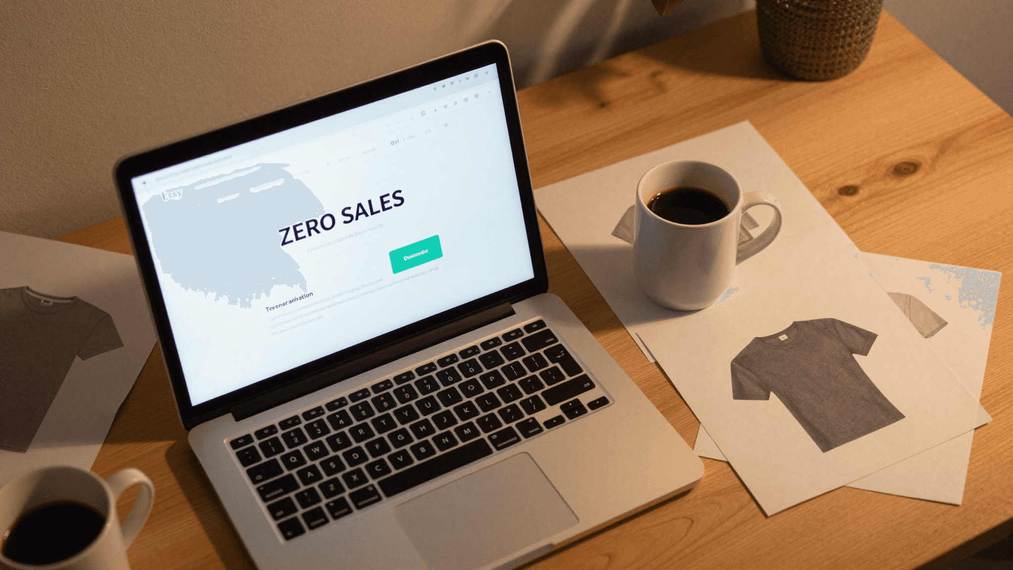 Frustrated seller at laptop surrounded by printed mockup examples