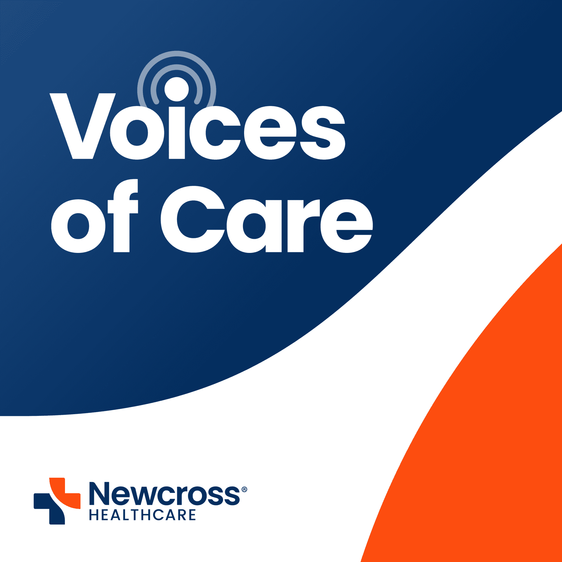 Voices of Care logo featuring white text on a navy blue background with an icon of a person in a circular design, alongside the Newcross Healthcare logo with orange accent