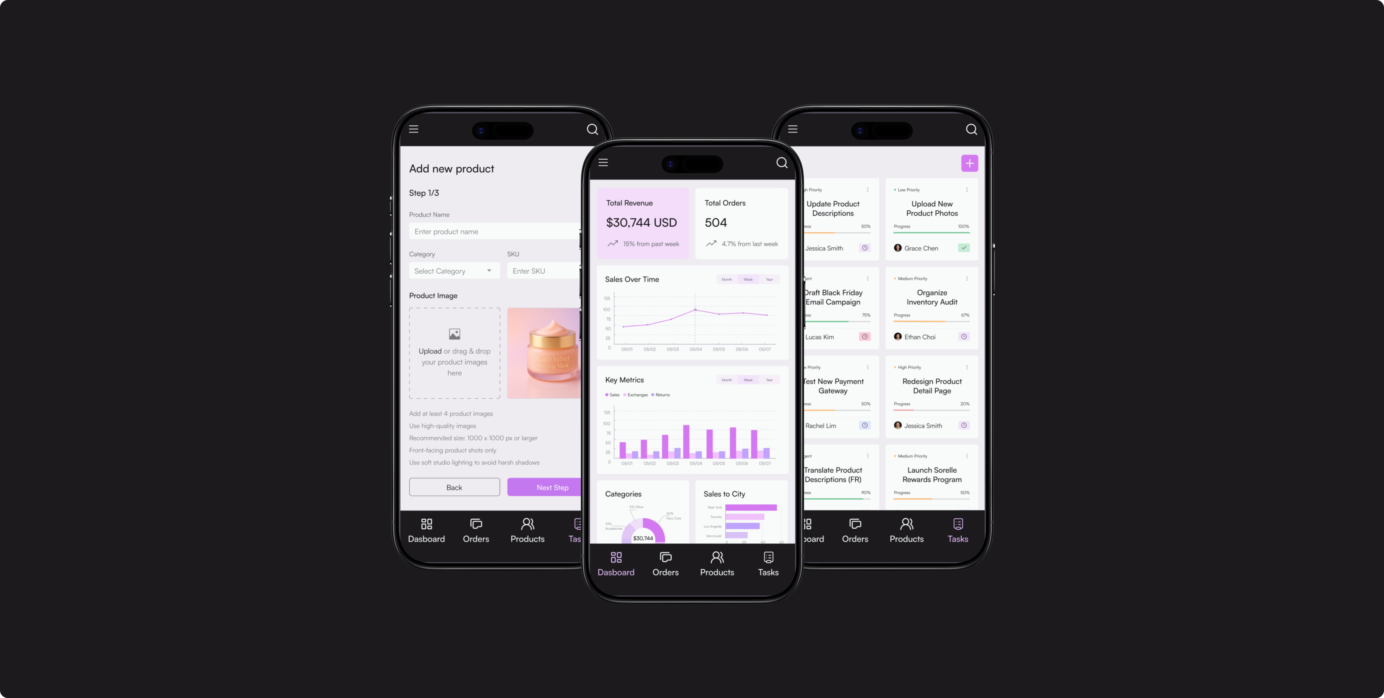 Mobile version of the Sorelle platform, featuring dashboard insights, task management, and streamlined navigation for on-the-go use.