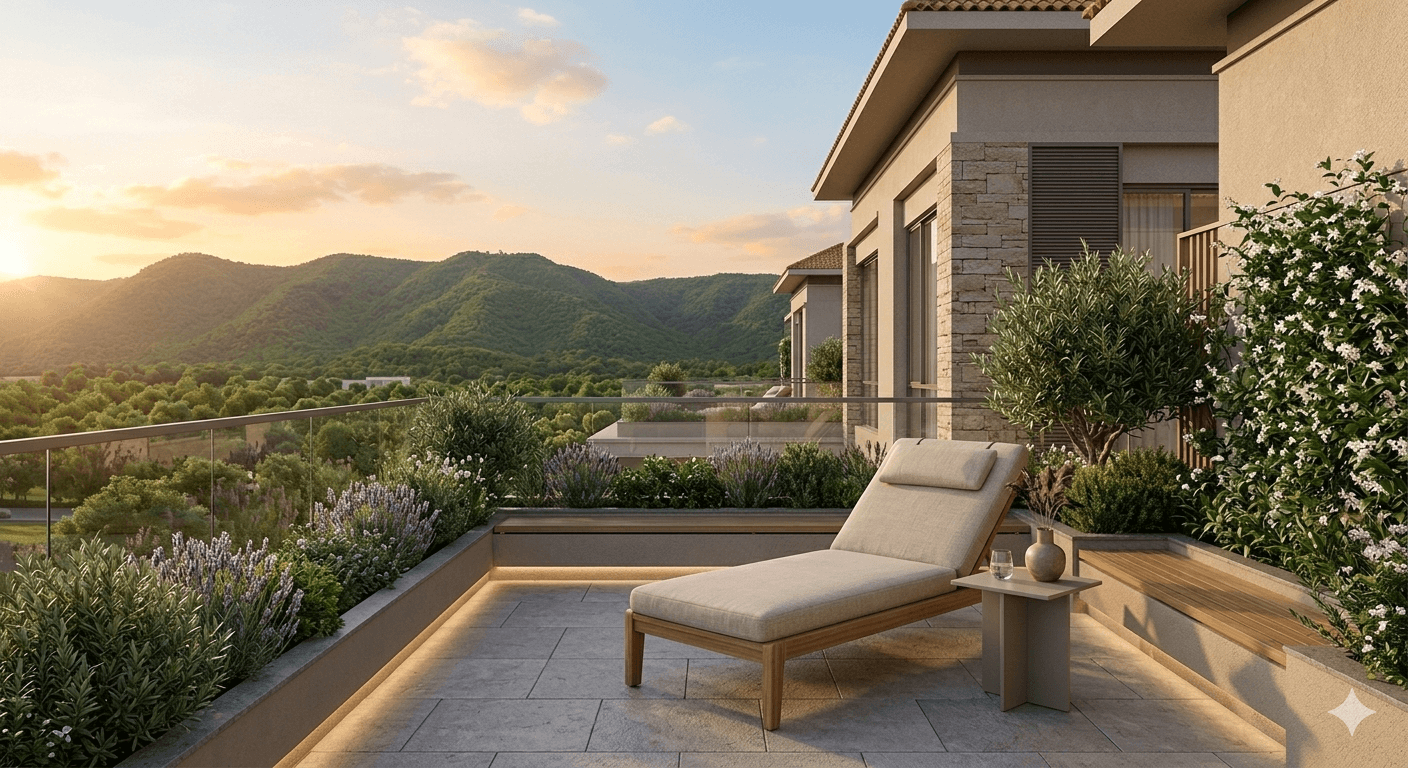 Luxury balcony lounge with mountain views in Sector 79A Gurugram.