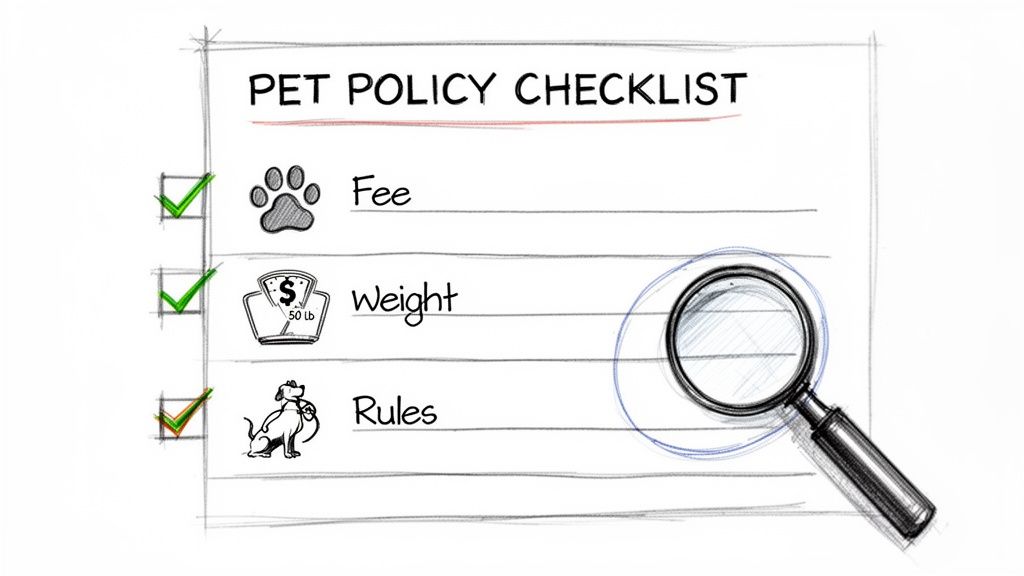 A hand-drawn pet policy checklist showing fee, weight, and rules, all marked with green checkmarks.