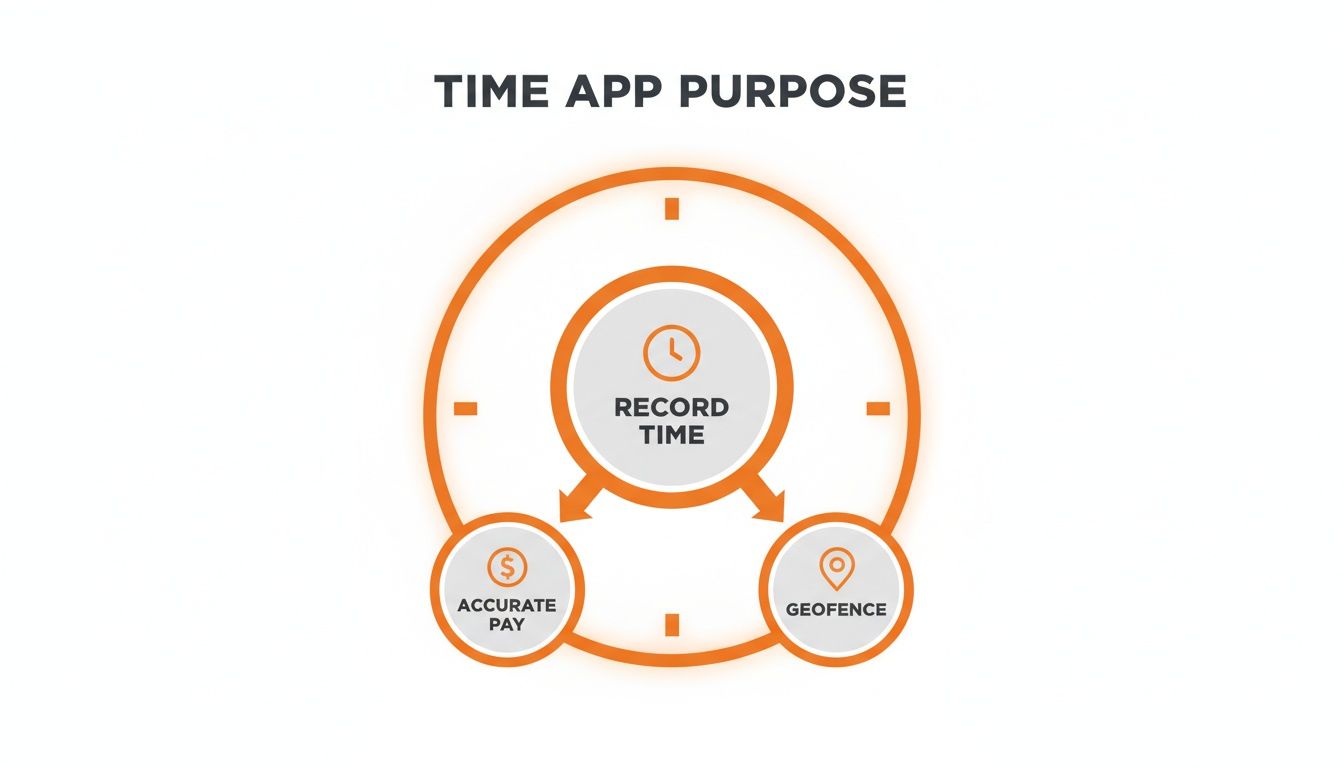 Diagram illustrating a time app's purpose: to record time for accurate pay and geofencing.