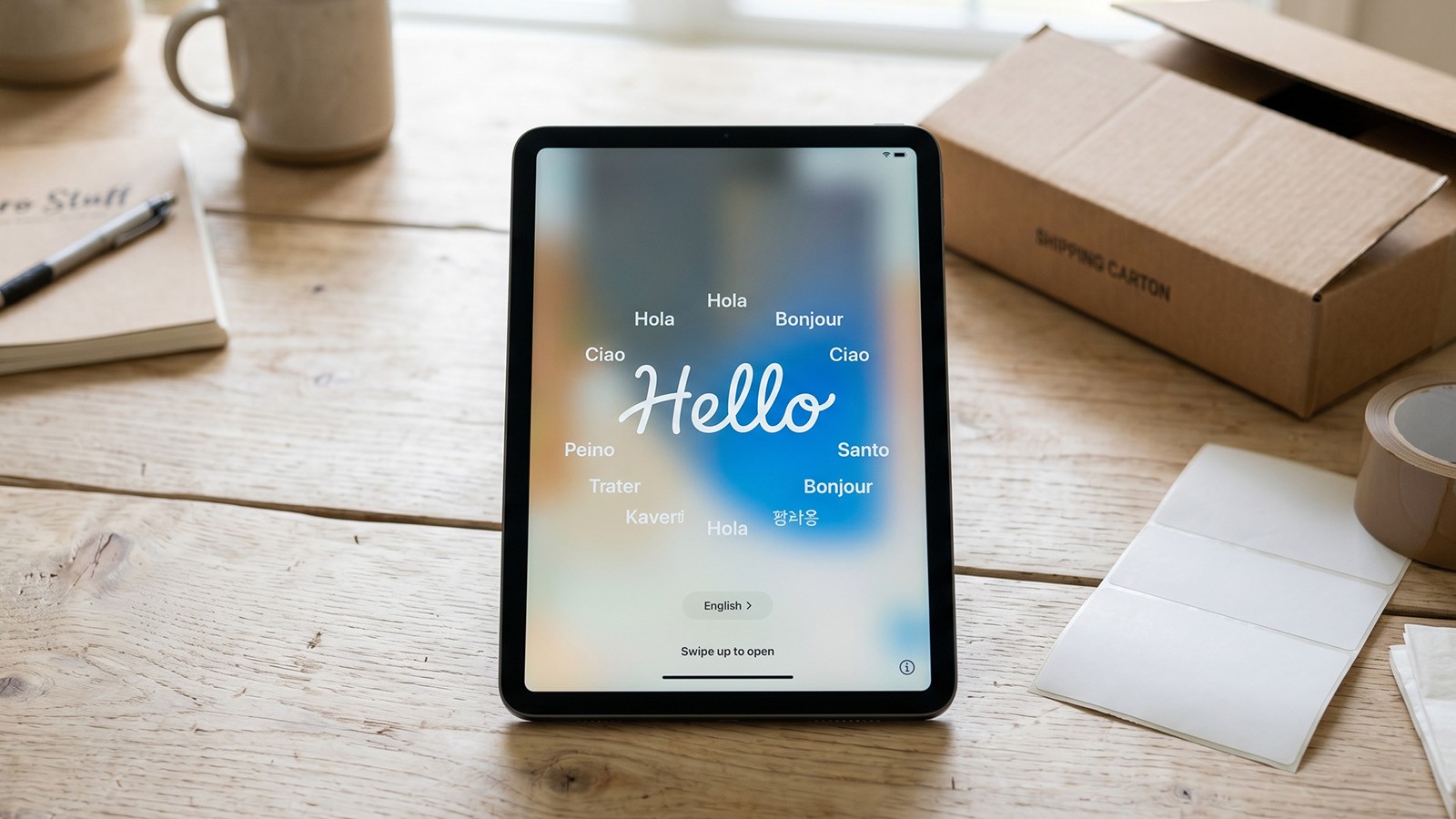 A tablet displaying the “Hello” setup screen rests on a light wooden desk next to a cardboard shipping box, a roll of packing tape, and blank shipping labels, ready to be packaged.