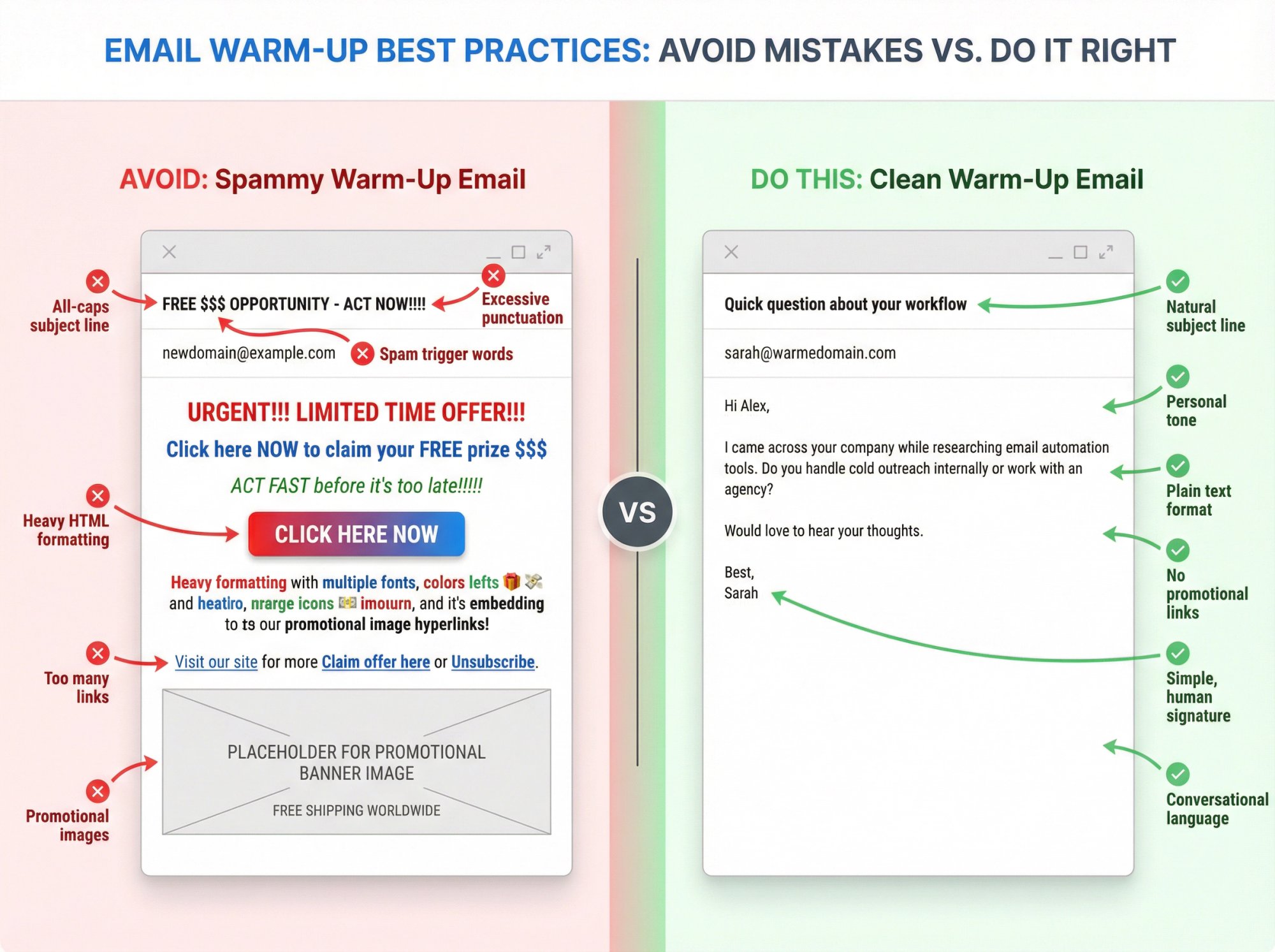Side-by-side comparison showing spammy warm-up email with red flags vs clean professional email with best practices