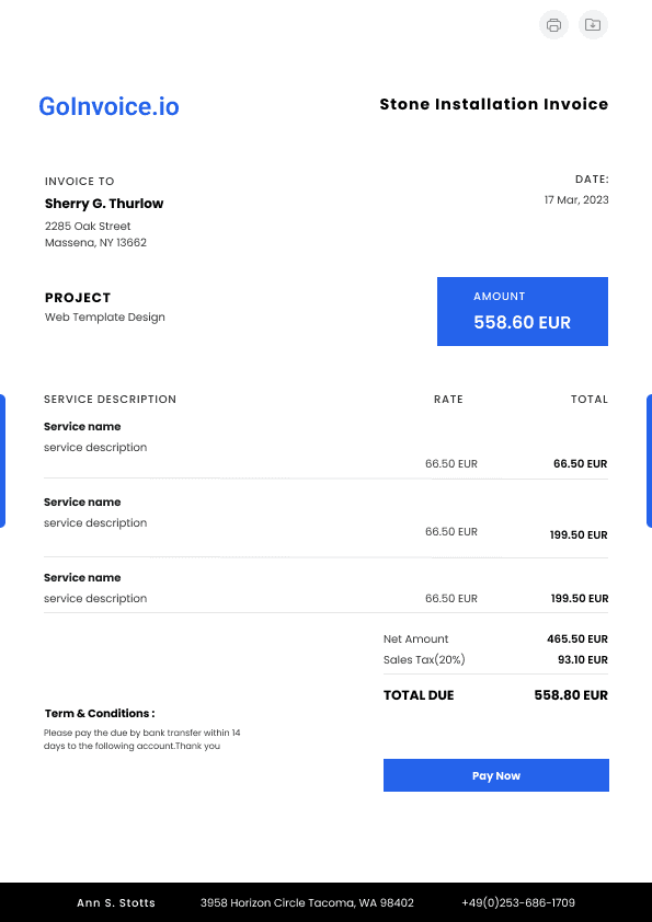 Stone Installation Invoice