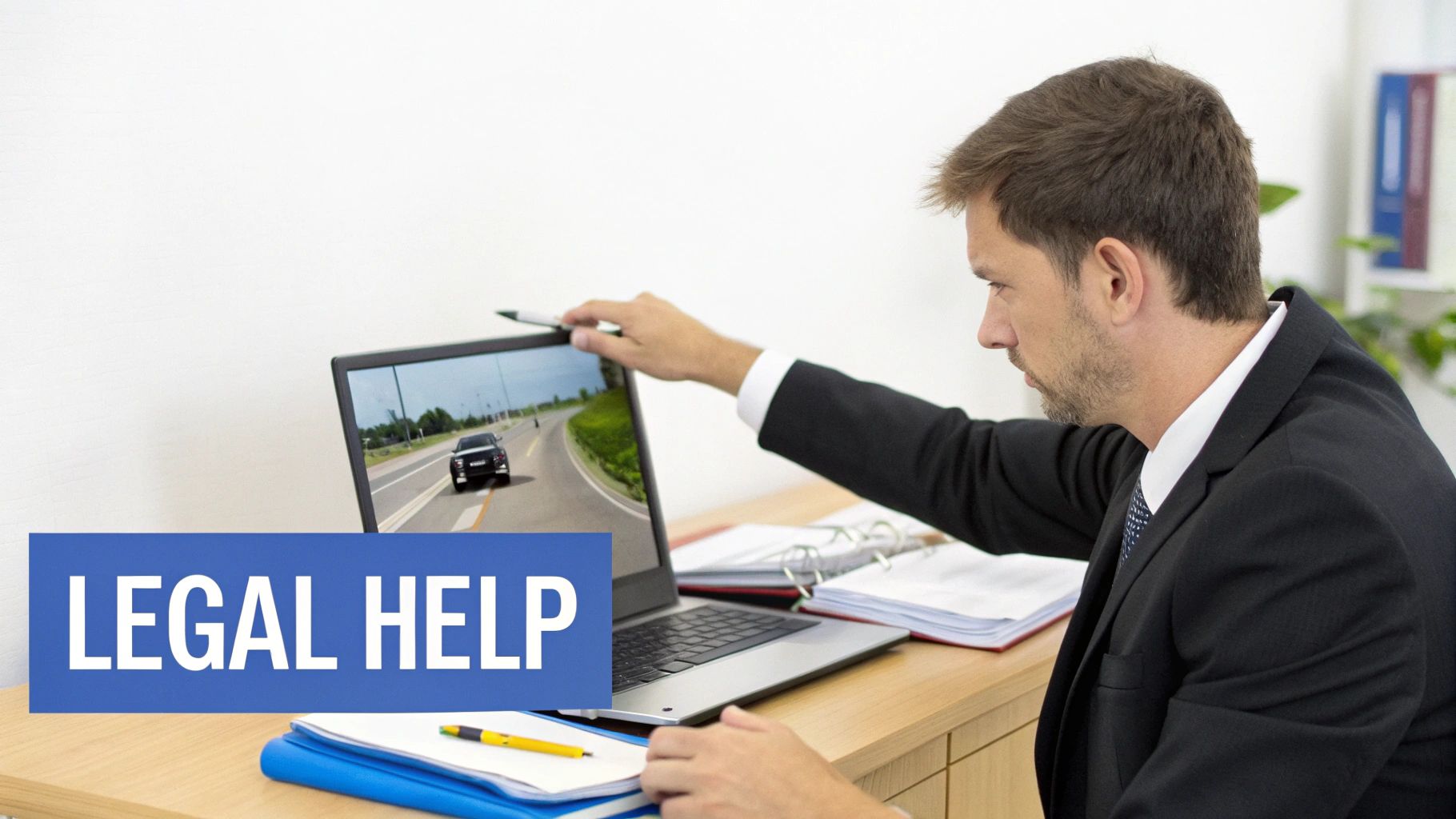 A lawyer pointing at a car on a road displayed on a laptop screen, with 'LEGAL HELP' text.