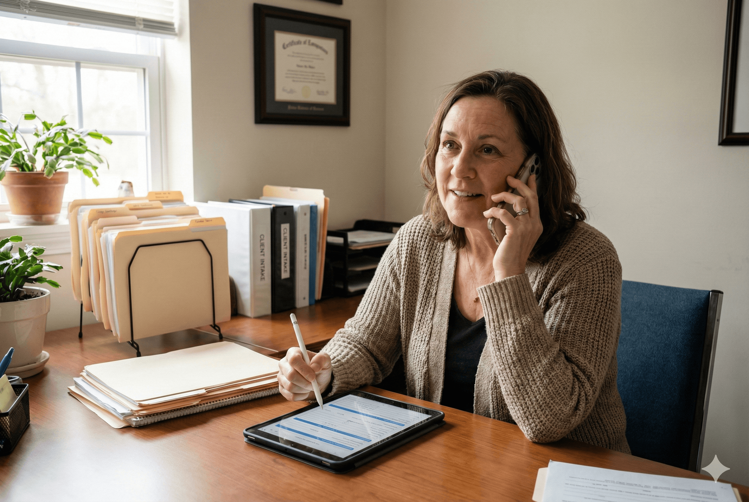 A home care agency owner at a small desk reviewing client intake notes on a tablet while speaking warmly on the phone, soft natural light, organized paperwork, modest modern office, feeling of efficiency and compassion, realistic documentary style