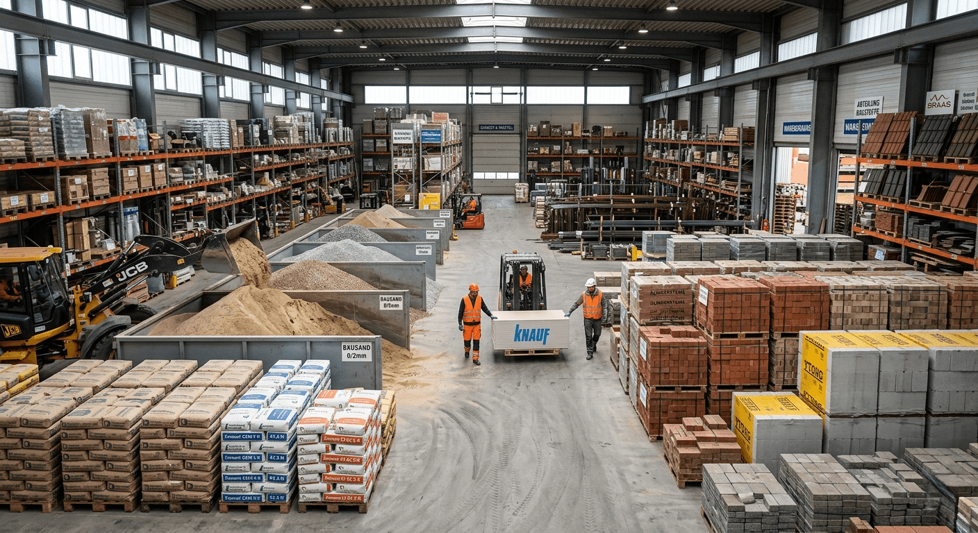 Vue intérieure ultra-réaliste d'un grand entrepôt de matériaux de construction en Europe, montrant des stocks massifs de sacs de ciment, des bacs de sable, des briques empilées sur palettes et des ouvriers en gilets de haute visibilité opérant des chariots élévateurs sous un éclairage industriel naturel