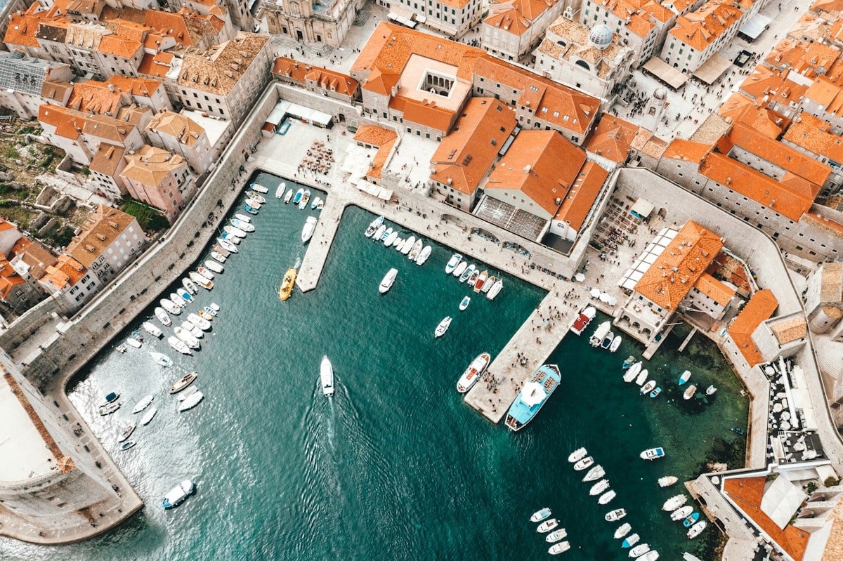 Aerial view of a Croatian waterfront and harbour illustrating different berth types