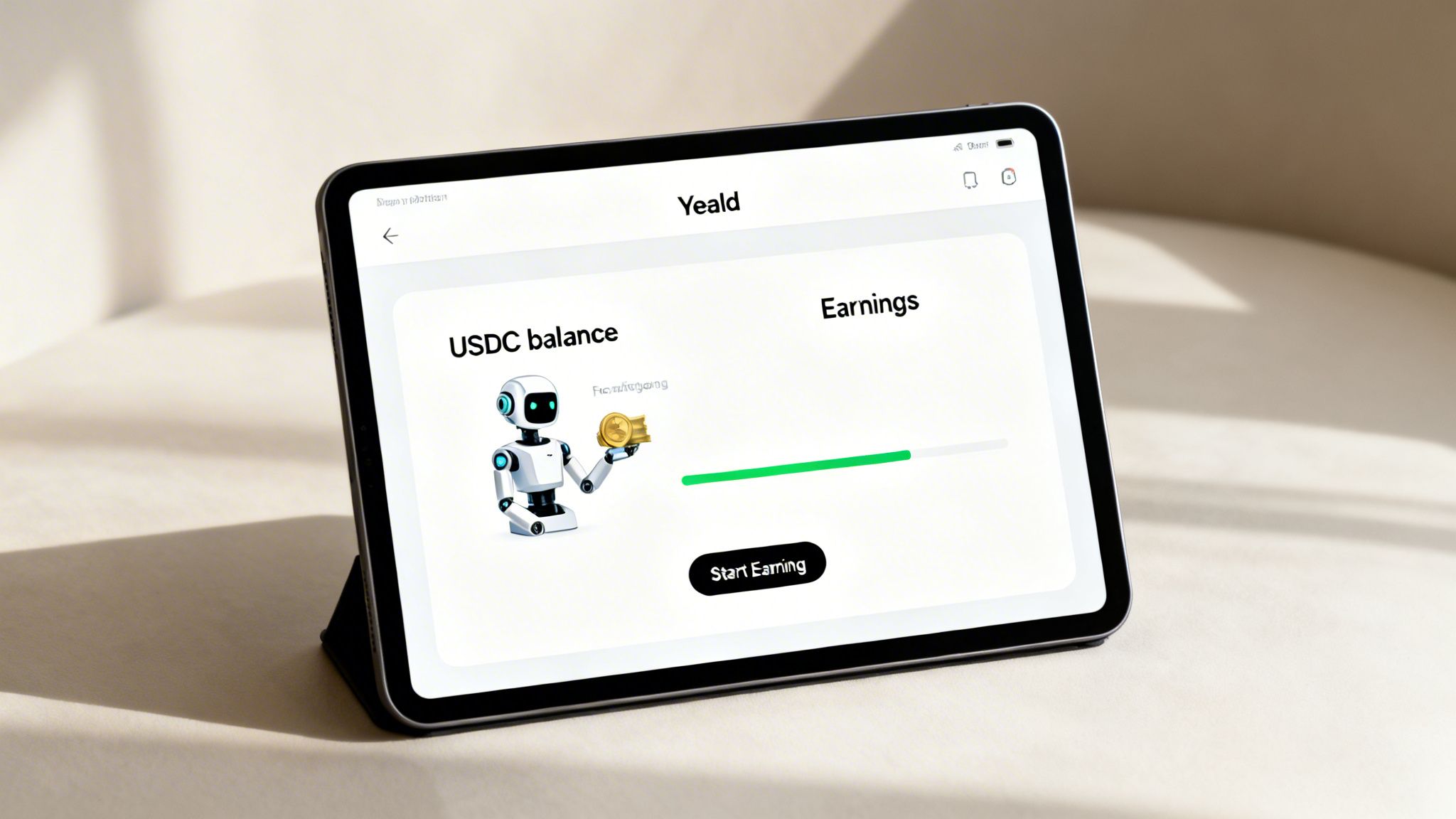 Digital tablet displaying a cryptocurrency earning app interface with a robot character and 'Start Earning' button.