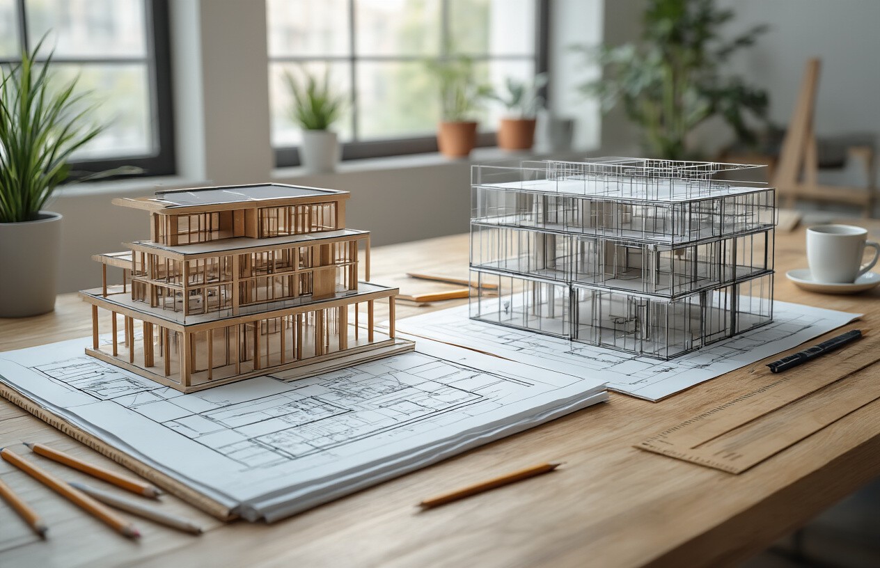 Architectural model of a building displayed on a desk, showcasing intricate design details and structural features.