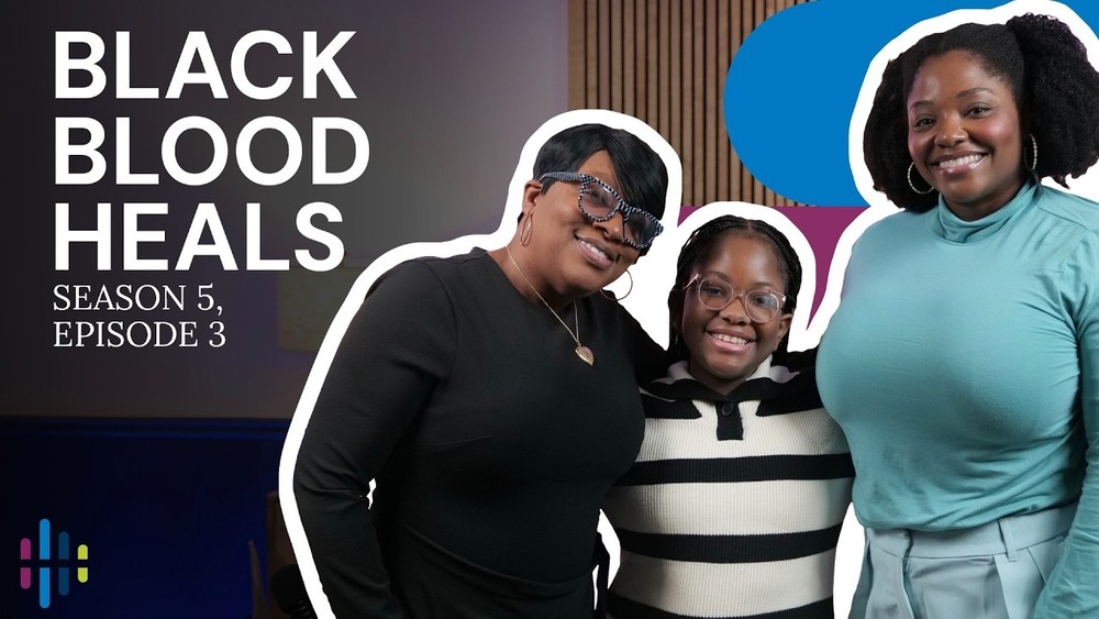 Studio A – BLACK BLOOD HEALS (Season 5, Episode 3) “Three individuals smiling together in front of vertical colored lines, promoting Season 5, Episode 3 titled ‘BLACK BLOOD HEALS’—filmed in Studio A.”