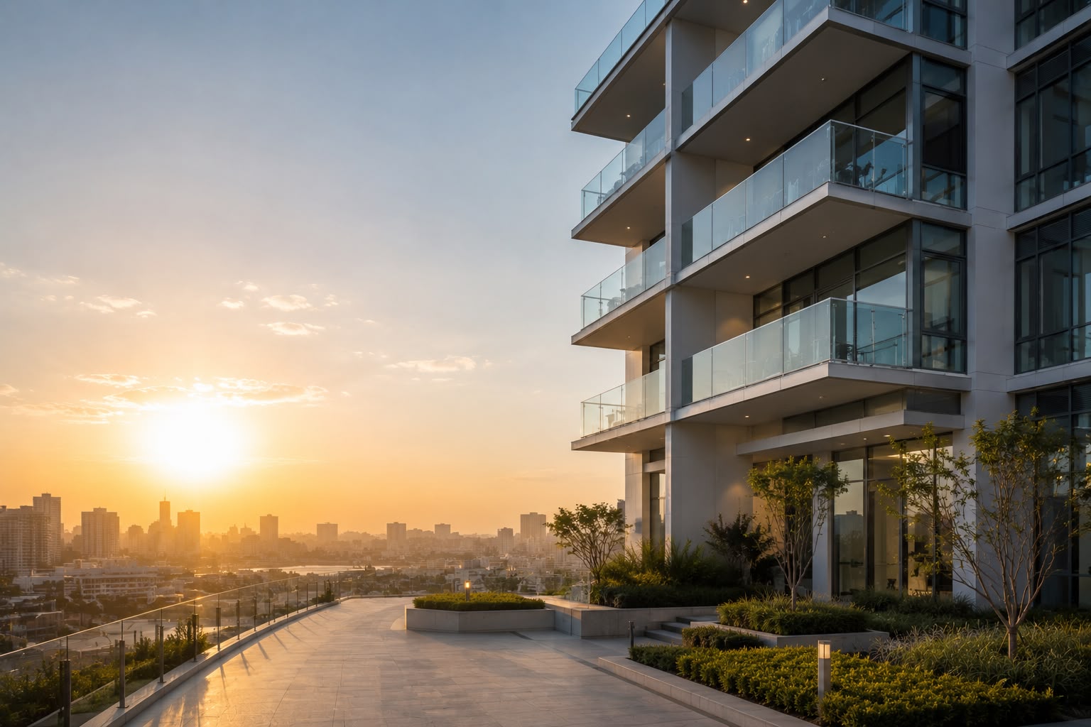 Modern premium commercial building exterior at dusk