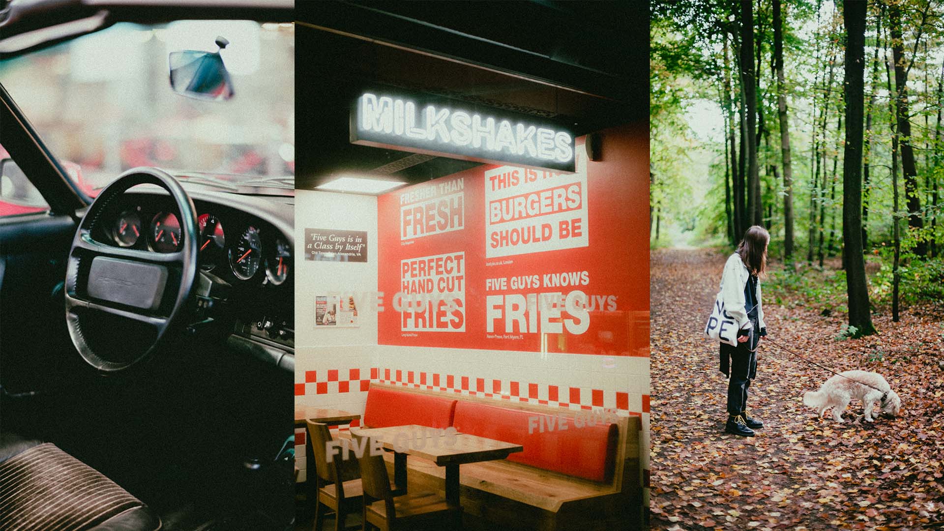 Three vertical images of a car interior, a burger restaurant, and a person with a dog in a forest