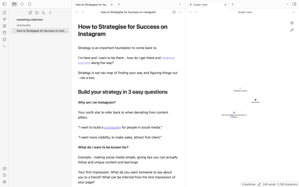 screenshot of obsidian, a note taking app for college students