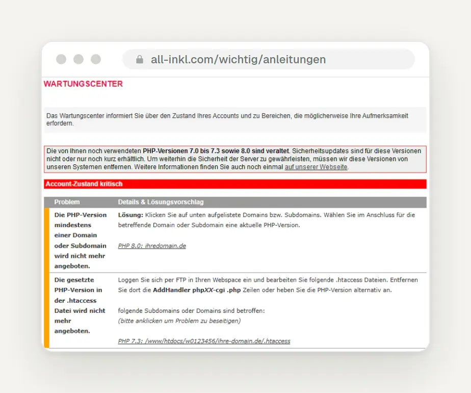 ALL-INKL KAS Maintenance Center: Warning about Outdated PHP Versions 7.0 through 7.3 and 8.0, with a Link to the Domain