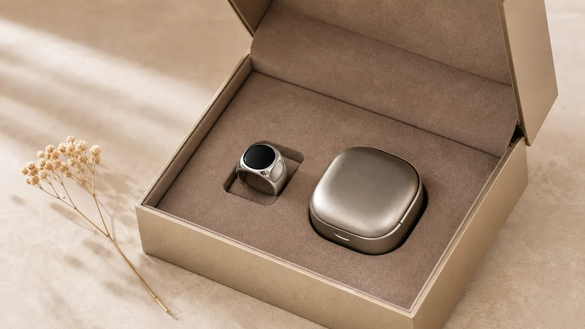 Smart tasbih ring and magnetic charging case displayed in an open Eid gift box