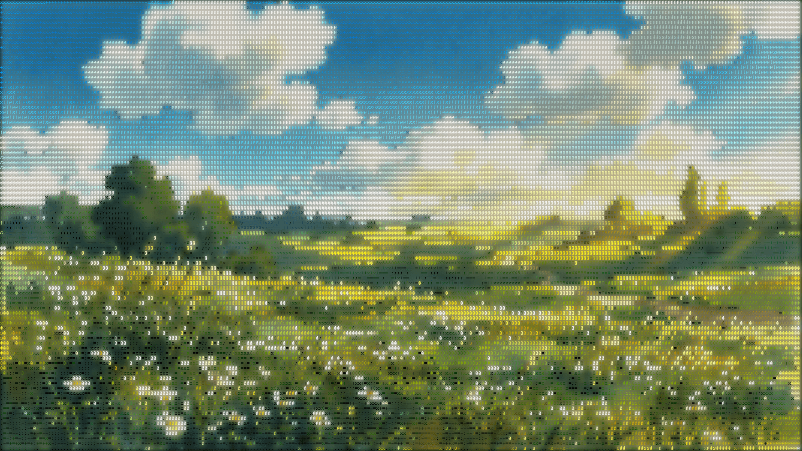 Colored ASCII art depicting rolling green hills and a blue sky with fluffy white clouds. Sequence ne about