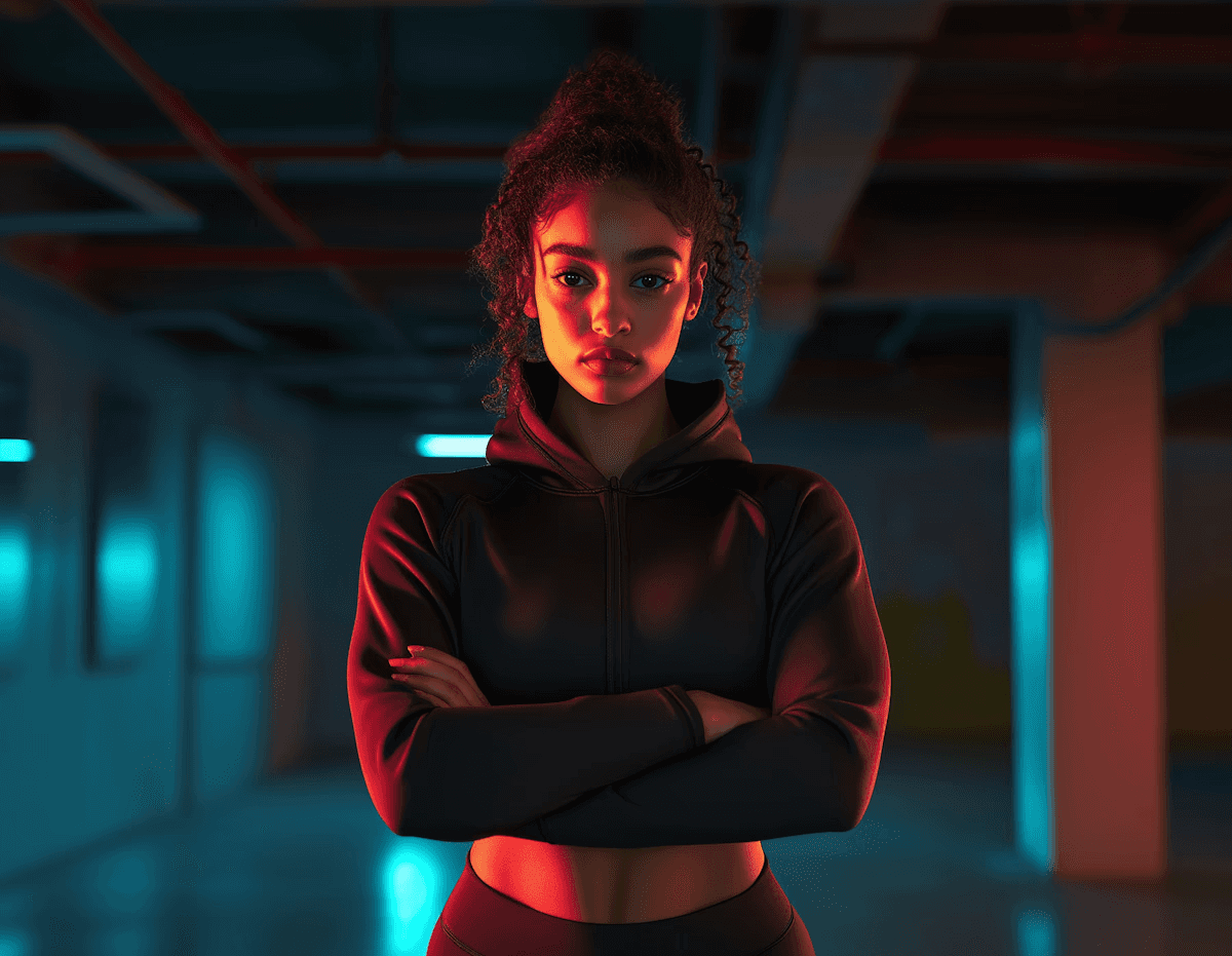 Young woman with curly hair standing with arms crossed in neon-lit gym.