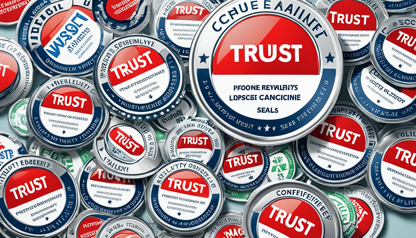 Create an image of a website that prominently displays a variety of trust badges and security seals. The badges and seals should be arranged in a way that conveys the website's trustworthiness and security. Use bright colors and bold lines to draw attention to the badges, and make sure they are clearly visible even from a distance. The image should give viewers the confidence that their personal information is safe with this website.