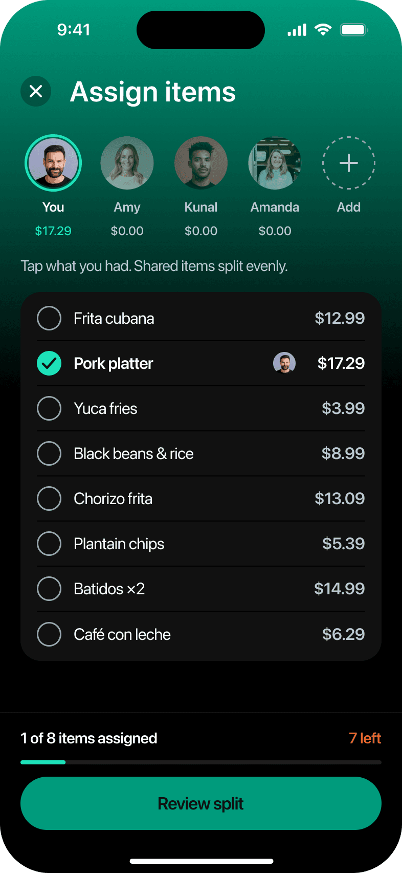 Assign items, You selected, 1 taps in